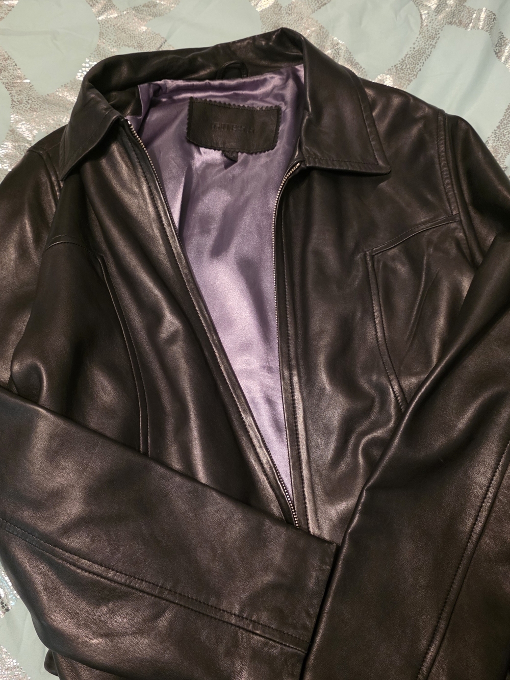Guess Black Leather Bomber Jacket with Purple Satin Lining